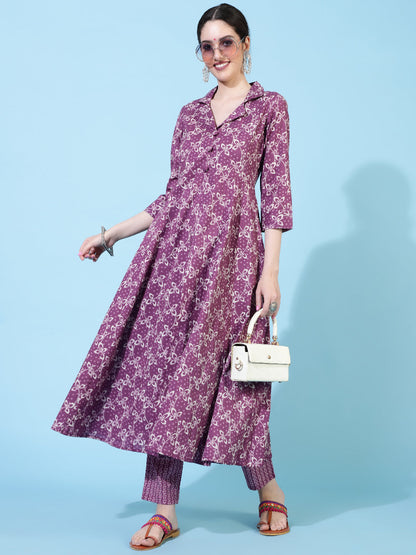 Cotton  Calf Length Printed Flared 3/4 Sleeve Collar Kurta Bottom Set