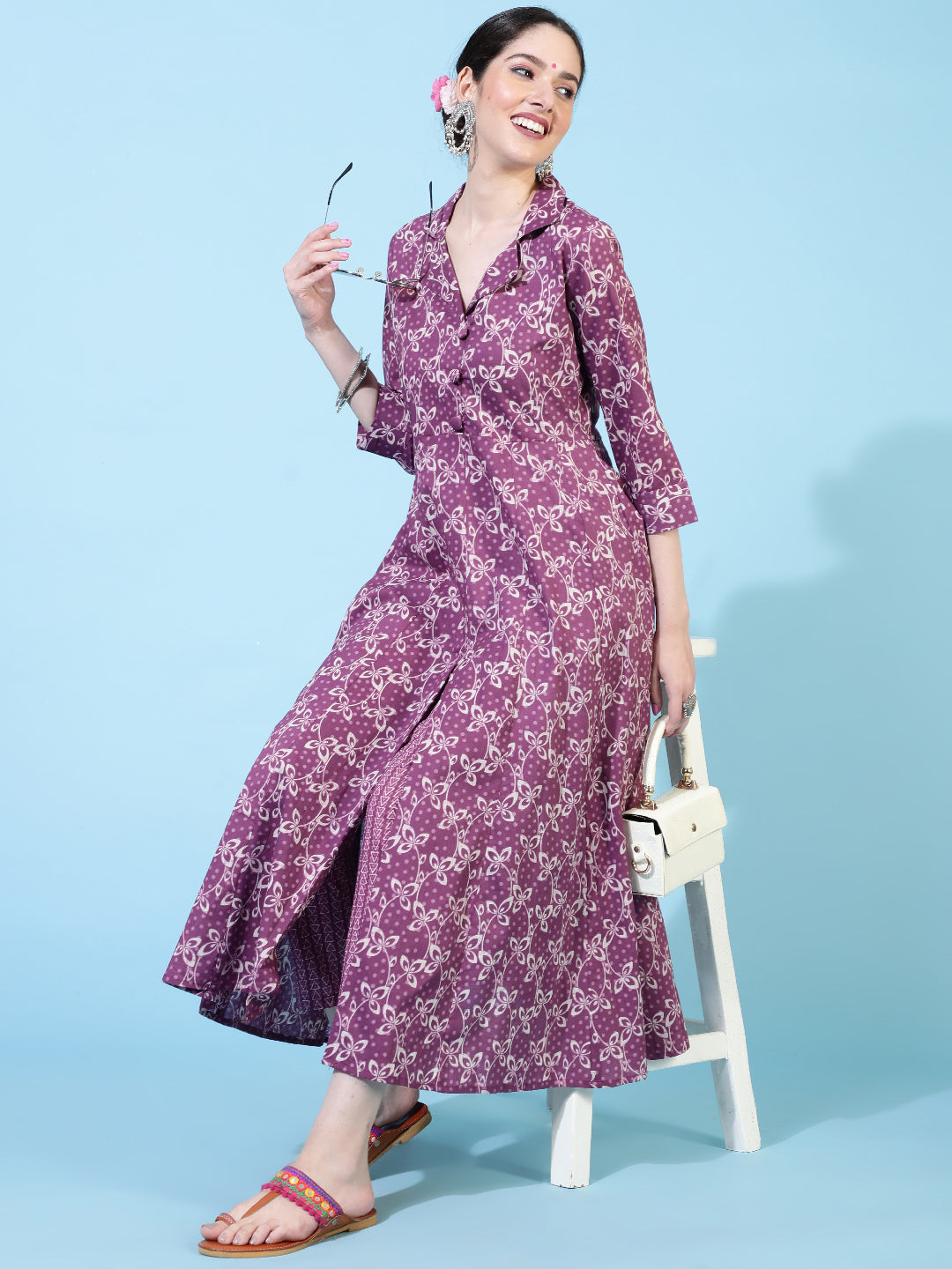 Cotton  Calf Length Printed Flared 3/4 Sleeve Collar Kurta Bottom Set