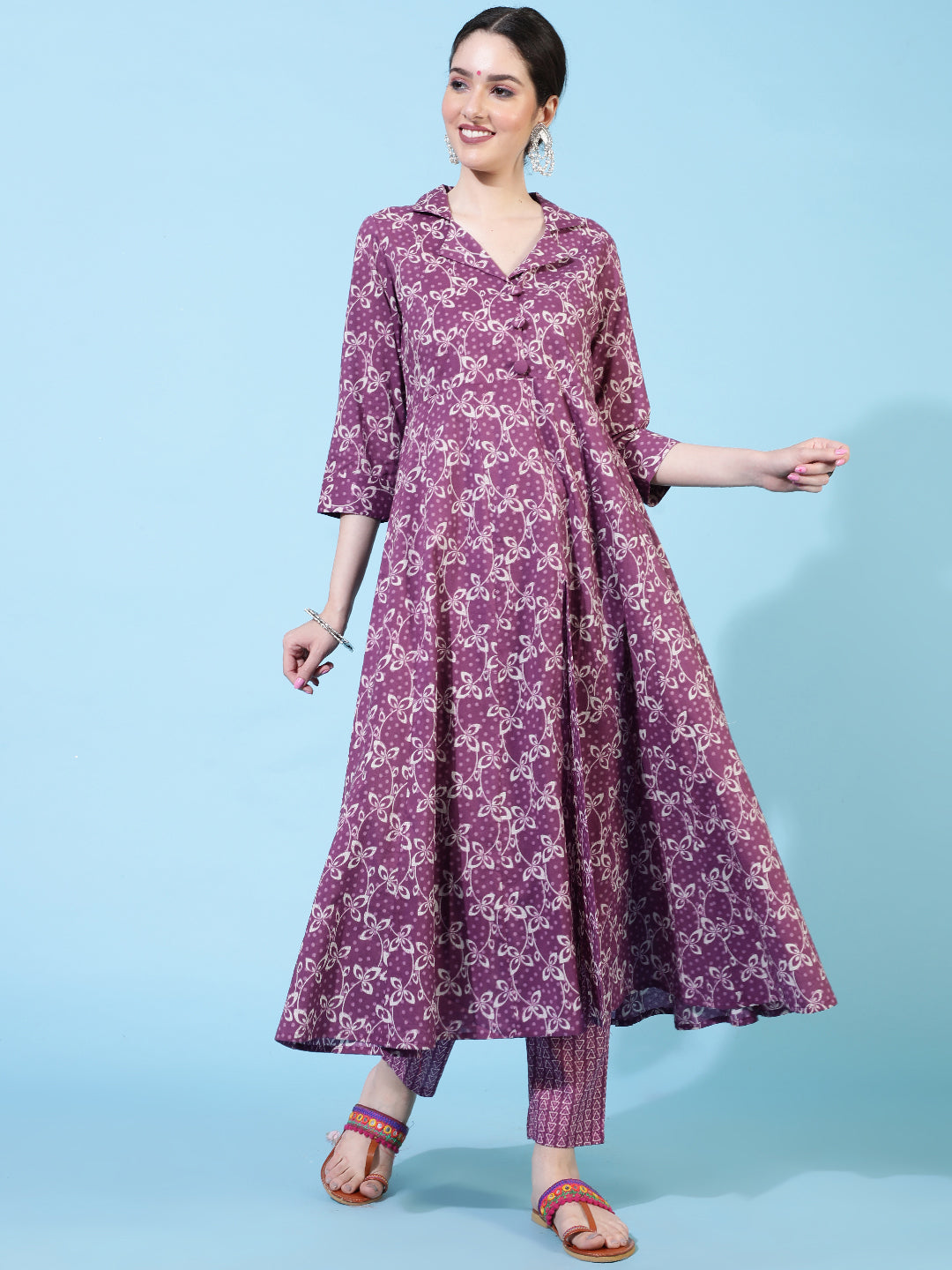 Cotton  Calf Length Printed Flared 3/4 Sleeve Collar Kurta Bottom Set