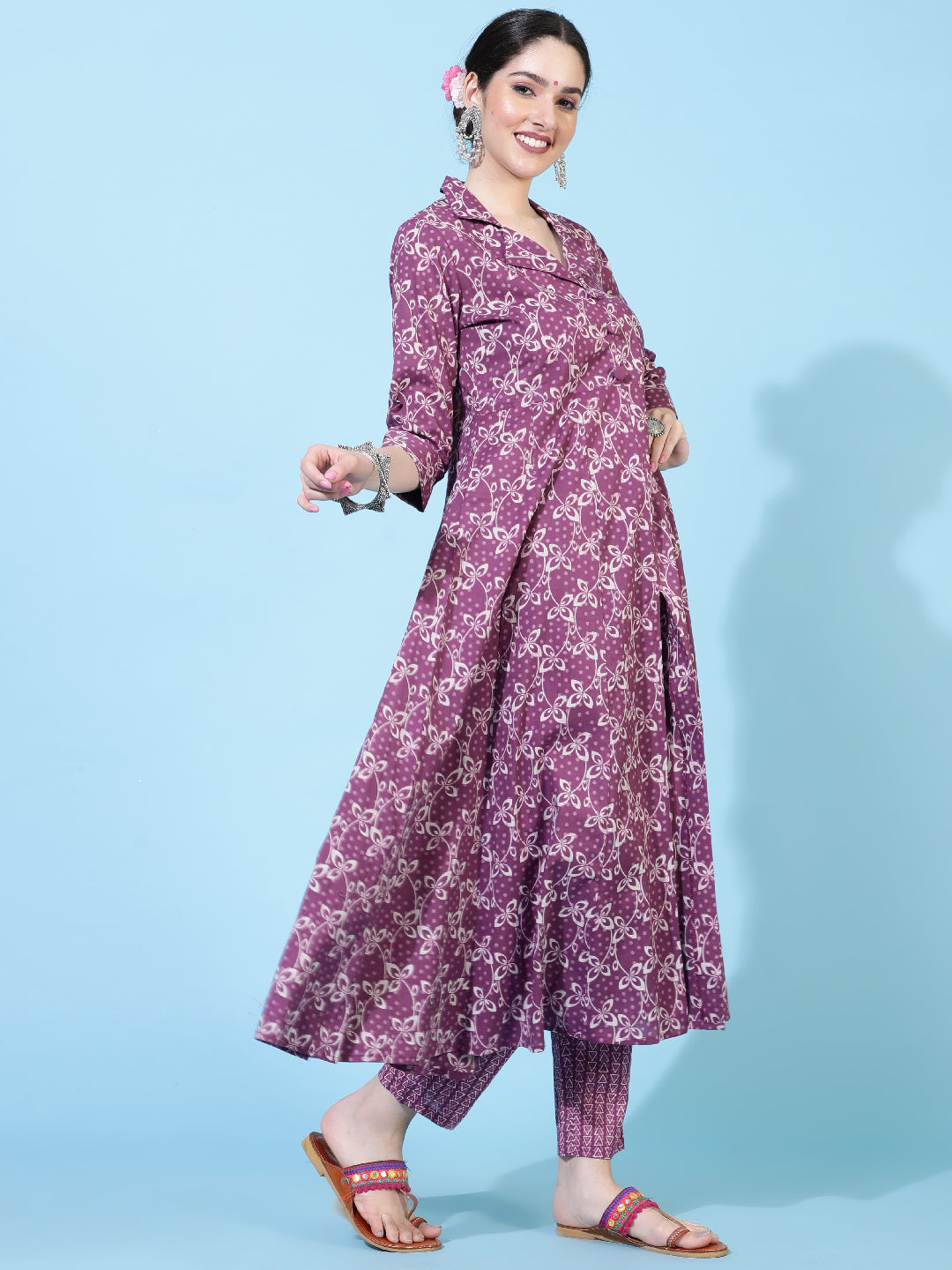 Cotton  Calf Length Printed Flared 3/4 Sleeve Collar Kurta Bottom Set