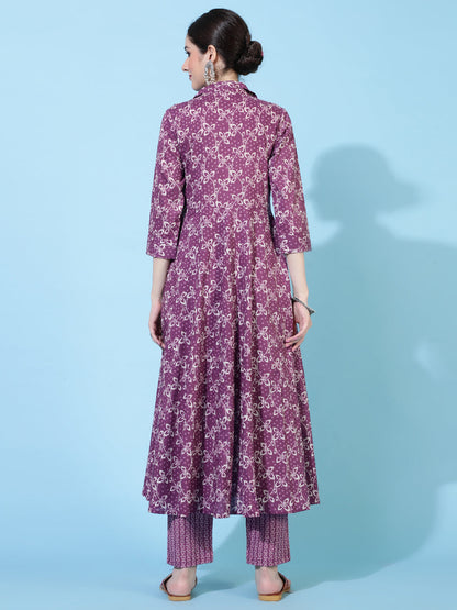 Cotton  Calf Length Printed Flared 3/4 Sleeve Collar Kurta Bottom Set
