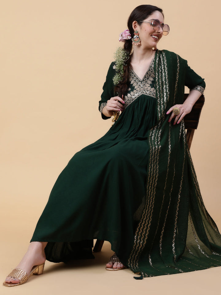 Rayon  Calf Length Solid Flared 3/4 Sleeve V-Neck Kurta Bottom Dupatta Set
