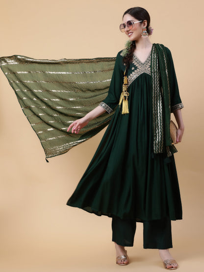 Rayon  Calf Length Solid Flared 3/4 Sleeve V-Neck Kurta Bottom Dupatta Set