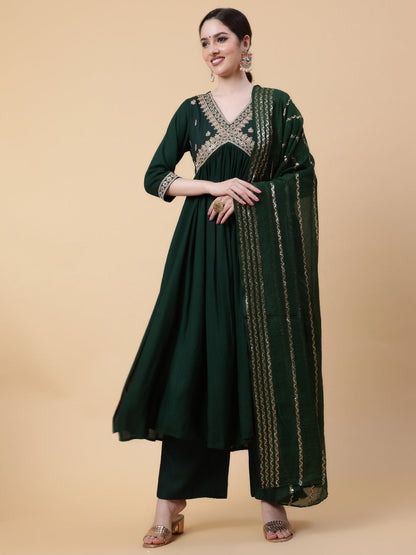 Rayon  Calf Length Solid Flared 3/4 Sleeve V-Neck Kurta Bottom Dupatta Set