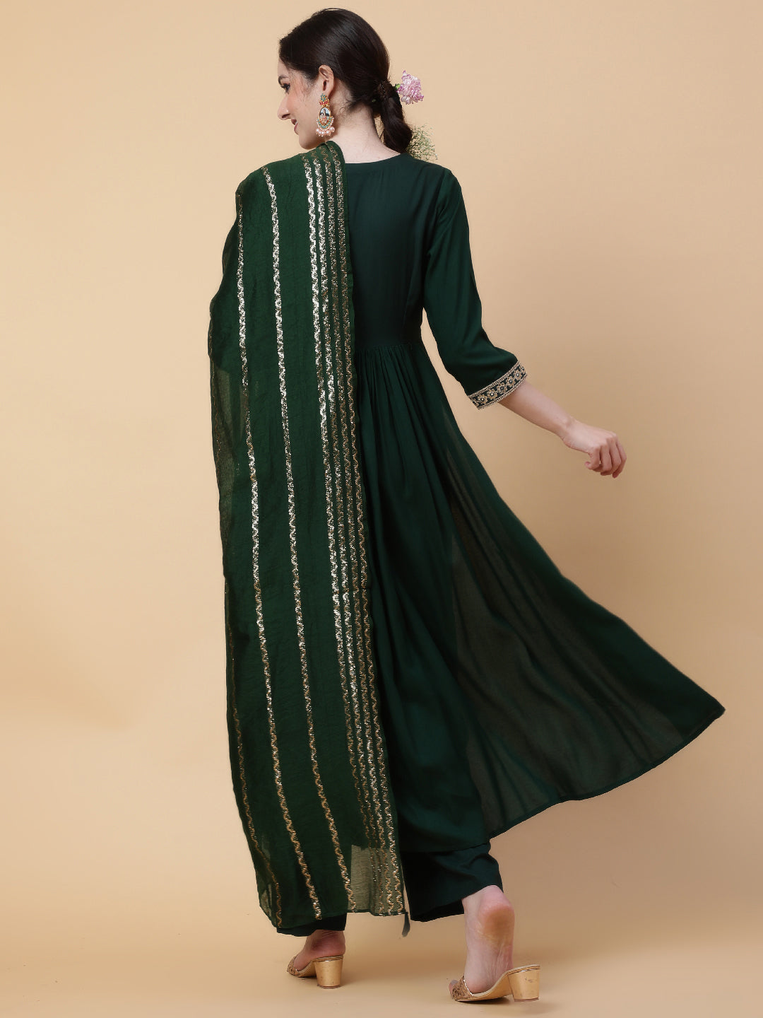 Rayon  Calf Length Solid Flared 3/4 Sleeve V-Neck Kurta Bottom Dupatta Set