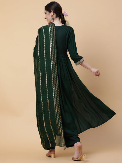 Rayon  Calf Length Solid Flared 3/4 Sleeve V-Neck Kurta Bottom Dupatta Set