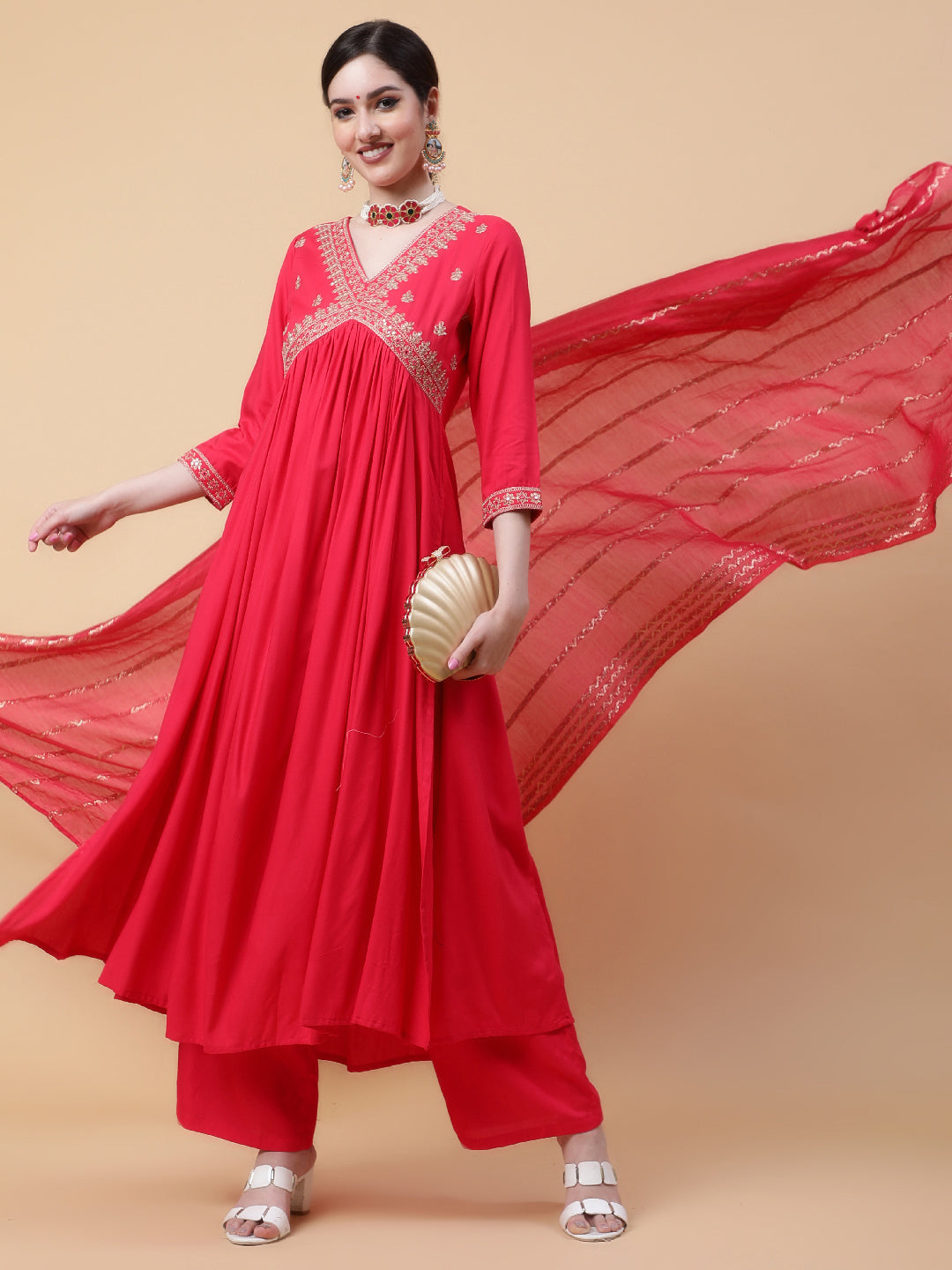 Rayon  Calf Length Solid Flared 3/4 Sleeve V-Neck Kurta Bottom Dupatta Set