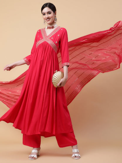 Rayon  Calf Length Solid Flared 3/4 Sleeve V-Neck Kurta Bottom Dupatta Set