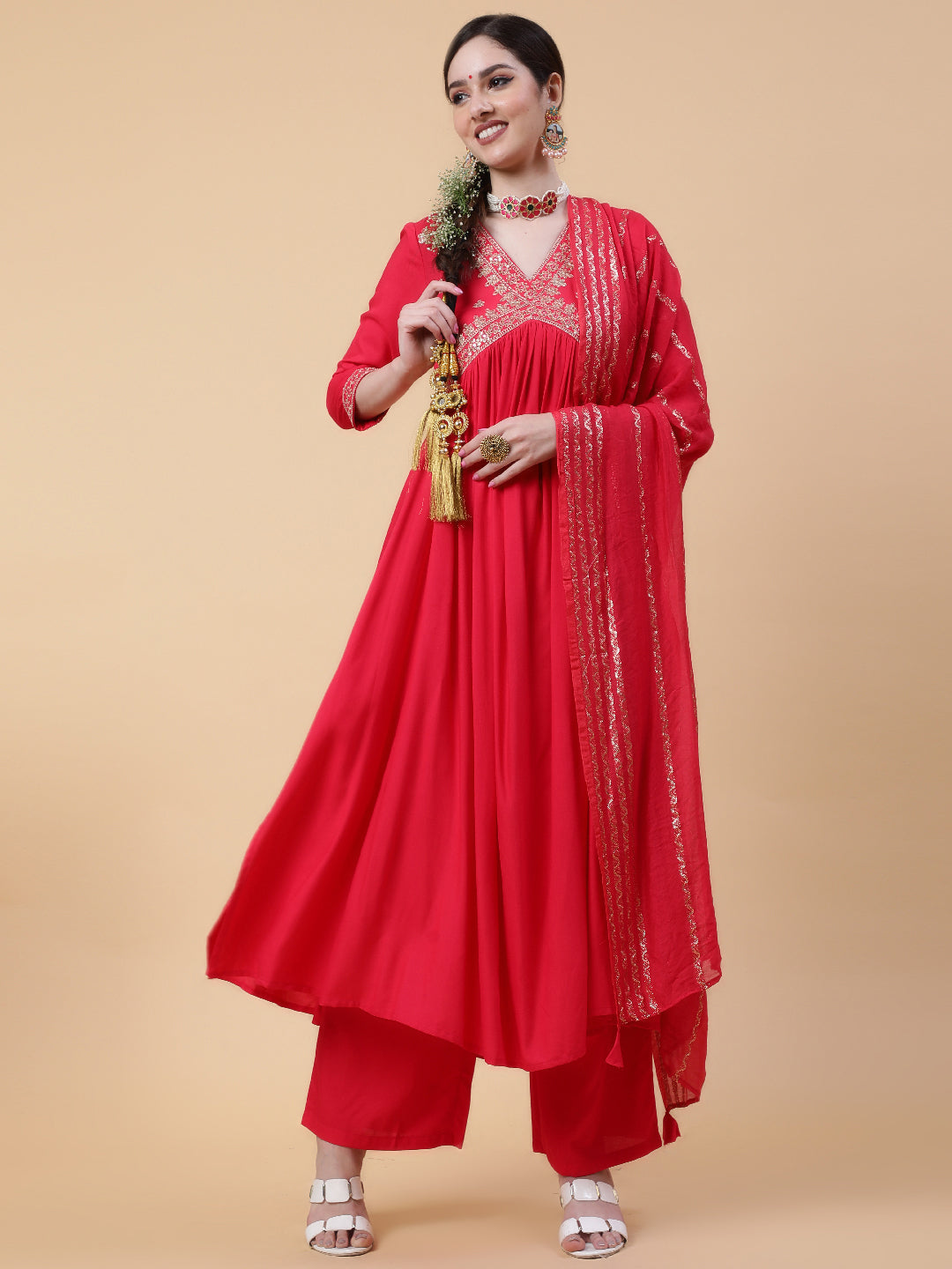 Rayon  Calf Length Solid Flared 3/4 Sleeve V-Neck Kurta Bottom Dupatta Set