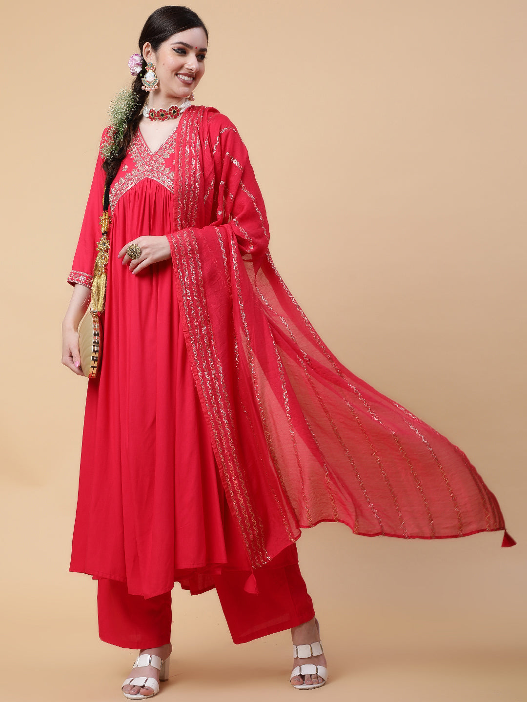 Rayon  Calf Length Solid Flared 3/4 Sleeve V-Neck Kurta Bottom Dupatta Set