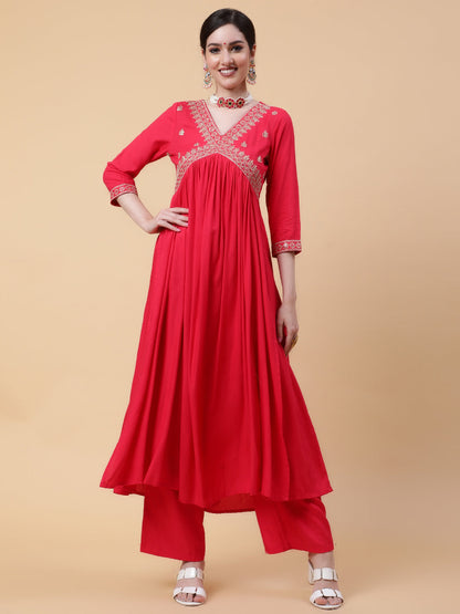 Rayon  Calf Length Solid Flared 3/4 Sleeve V-Neck Kurta Bottom Dupatta Set