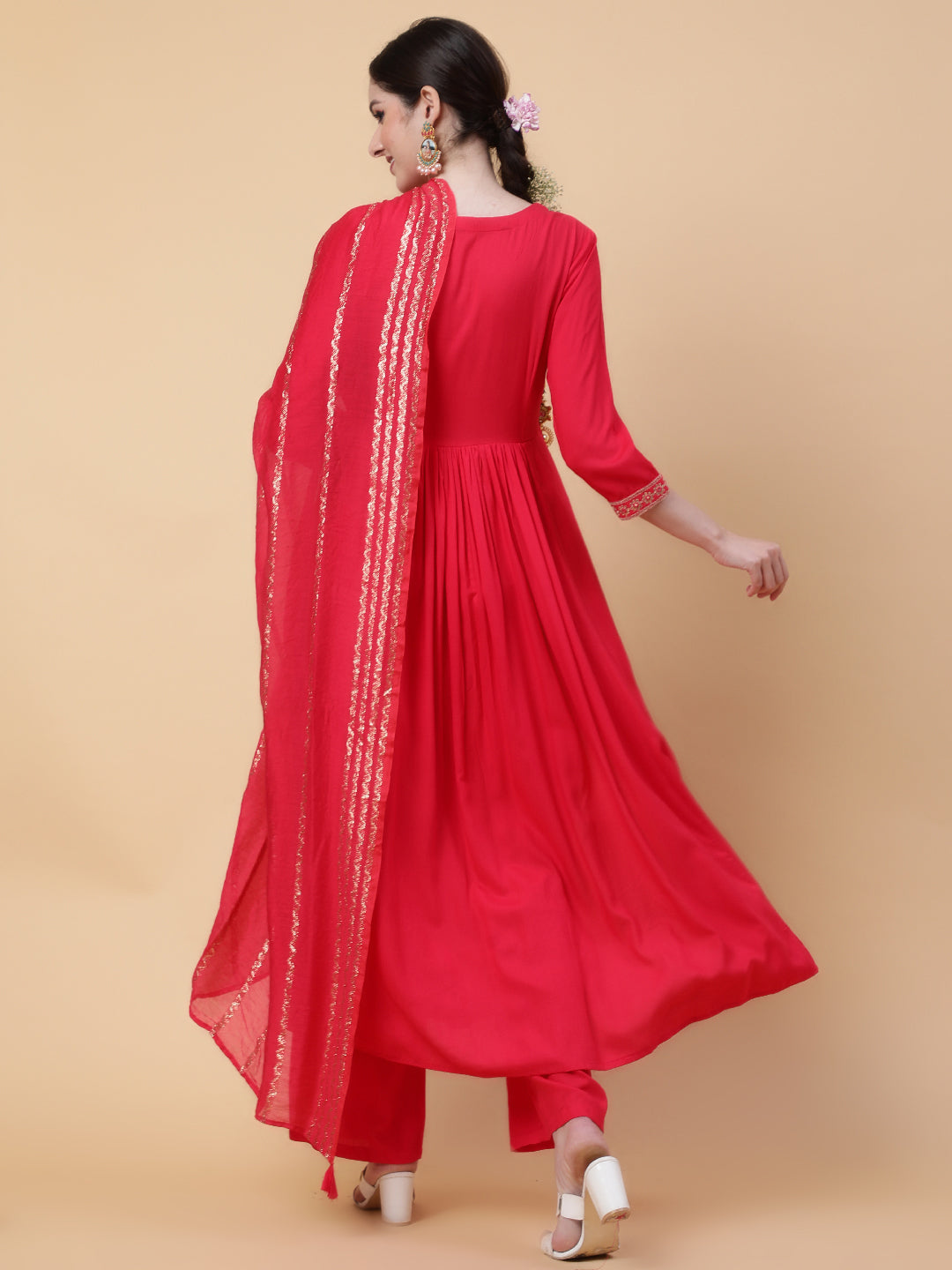 Rayon  Calf Length Solid Flared 3/4 Sleeve V-Neck Kurta Bottom Dupatta Set