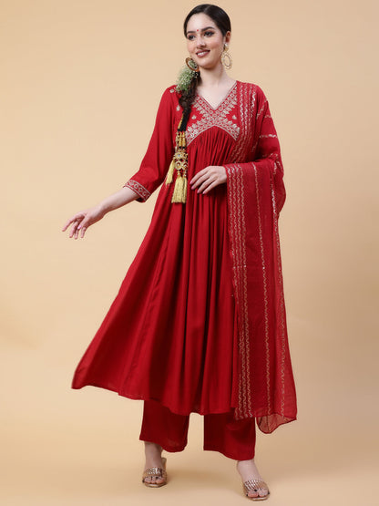 Rayon  Calf Length Solid Flared 3/4 Sleeve V-Neck Kurta Bottom Dupatta Set