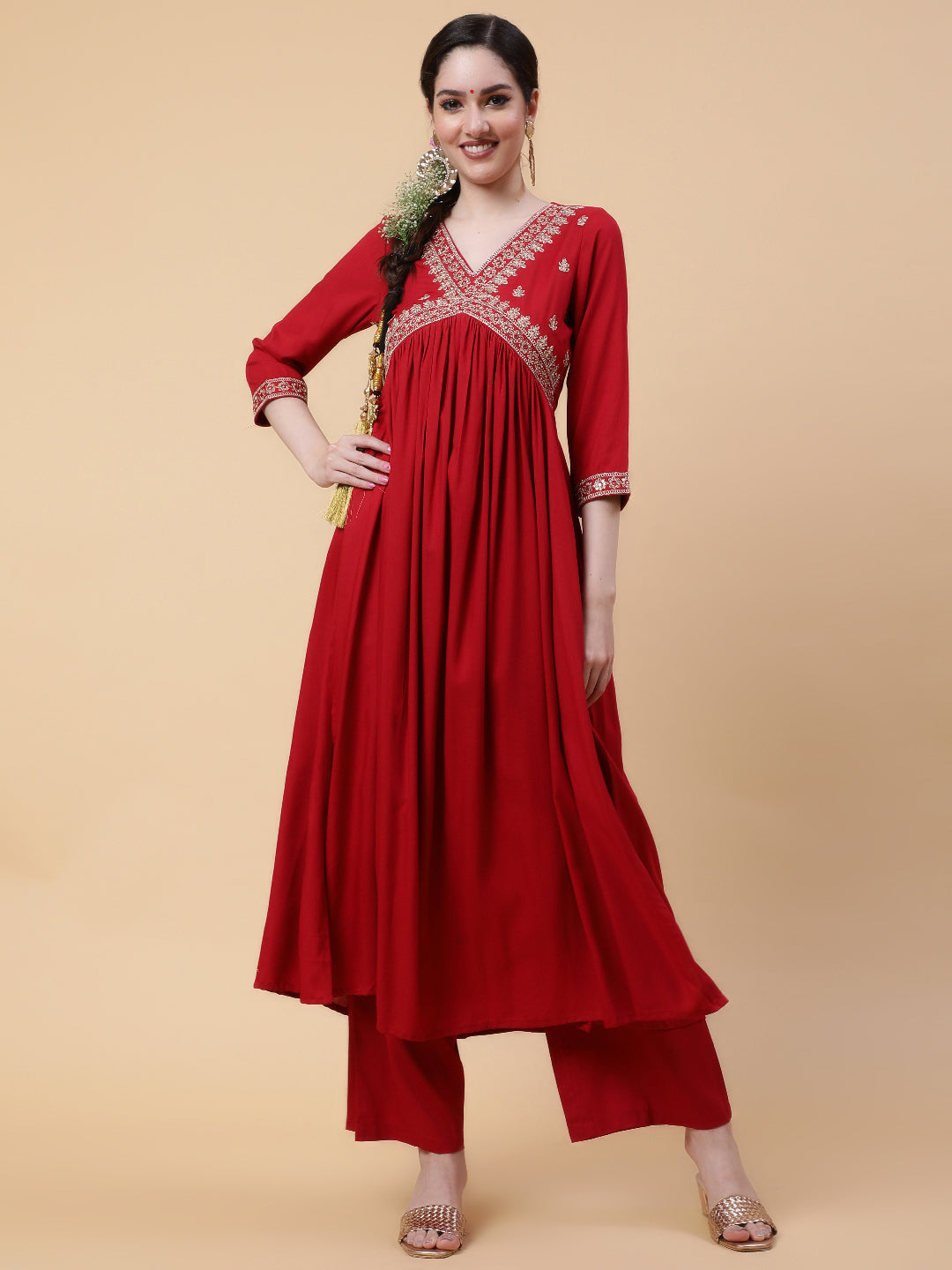 Rayon  Calf Length Solid Flared 3/4 Sleeve V-Neck Kurta Bottom Dupatta Set