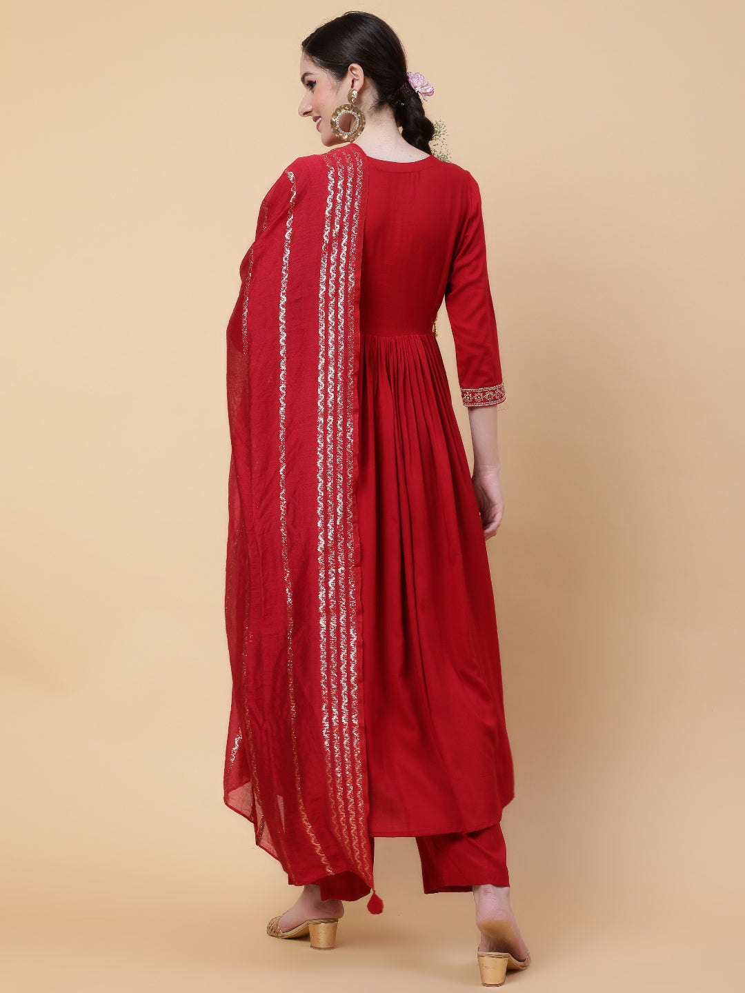 Rayon  Calf Length Solid Flared 3/4 Sleeve V-Neck Kurta Bottom Dupatta Set