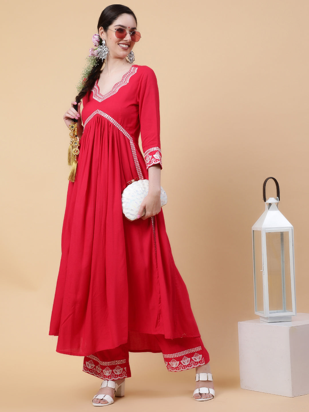 Rayon  Calf Length Solid Flared 3/4 Sleeve V-Neck Kurta Bottom Set