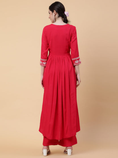 Rayon  Calf Length Solid Flared 3/4 Sleeve V-Neck Kurta Bottom Set