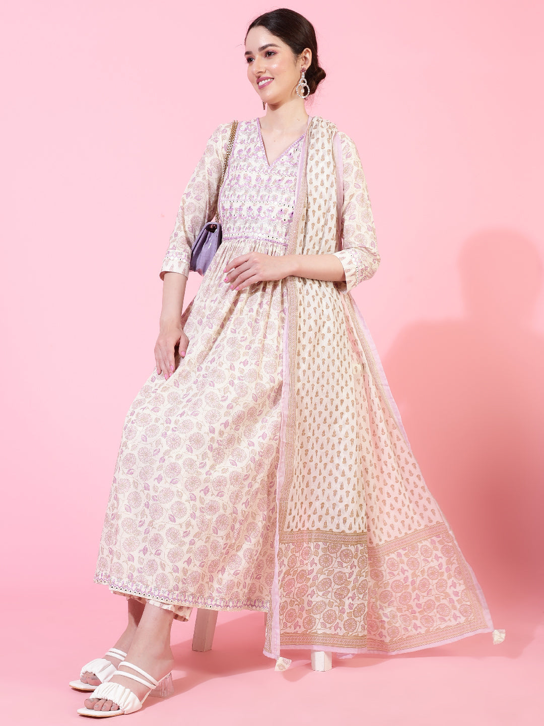 Cotton  Calf Length Printed Flared 3/4 Sleeve V-Neck Kurta Bottom Dupatta Set