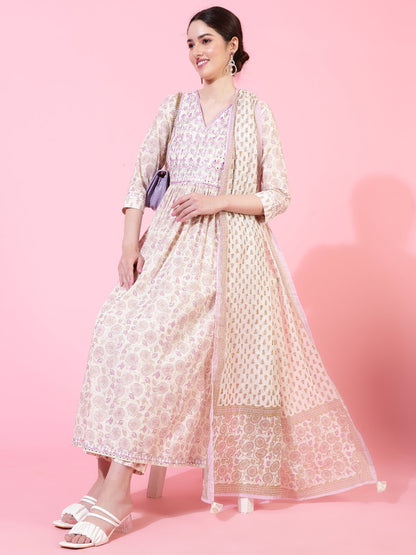 Cotton  Calf Length Printed Flared 3/4 Sleeve V-Neck Kurta Bottom Dupatta Set