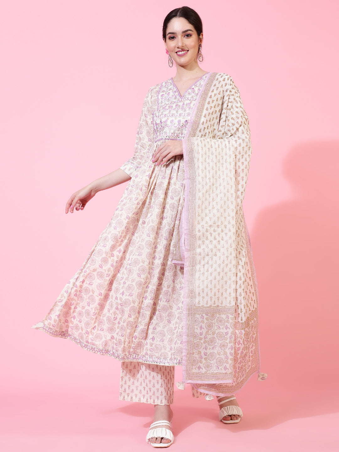 Cotton  Calf Length Printed Flared 3/4 Sleeve V-Neck Kurta Bottom Dupatta Set