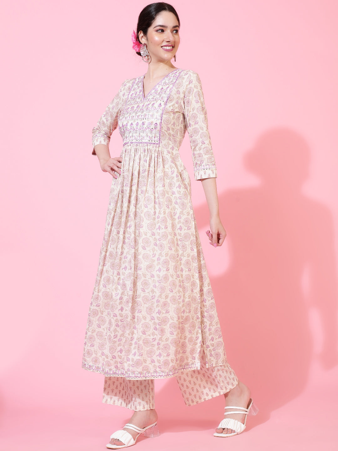Cotton  Calf Length Printed Flared 3/4 Sleeve V-Neck Kurta Bottom Dupatta Set