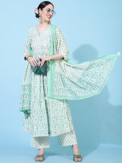 Cotton  Calf Length Printed Flared 3/4 Sleeve V-Neck Kurta Bottom Dupatta Set