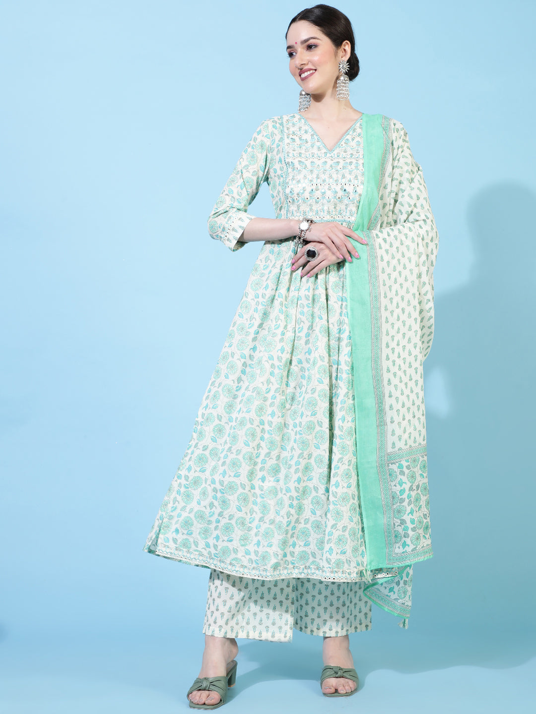 Cotton  Calf Length Printed Flared 3/4 Sleeve V-Neck Kurta Bottom Dupatta Set