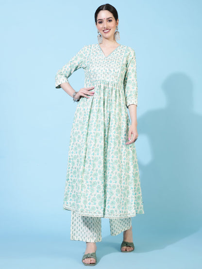 Cotton  Calf Length Printed Flared 3/4 Sleeve V-Neck Kurta Bottom Dupatta Set