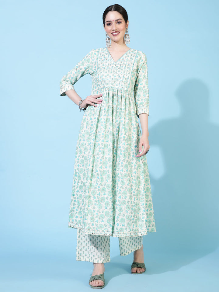 Cotton  Calf Length Printed Flared 3/4 Sleeve V-Neck Kurta Bottom Dupatta Set