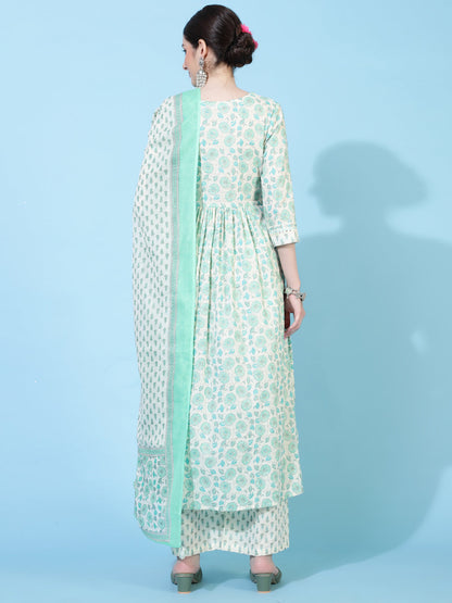 Cotton  Calf Length Printed Flared 3/4 Sleeve V-Neck Kurta Bottom Dupatta Set