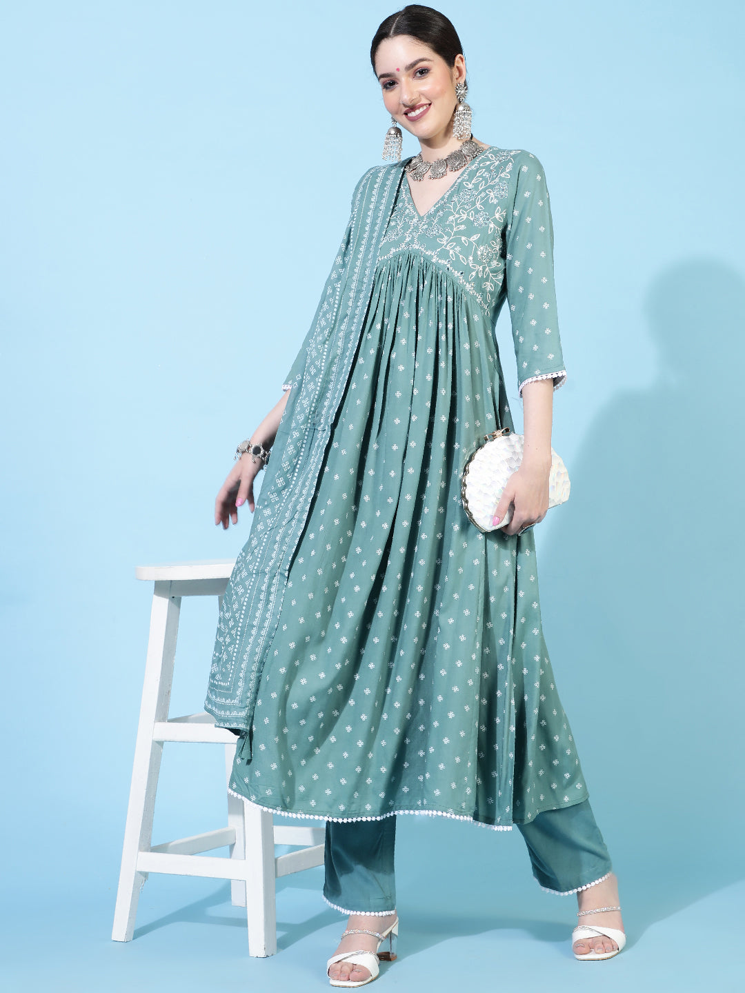 Rayon  Calf Length Printed Flared 3/4 Sleeve V-Neck Kurta Bottom Dupatta Set