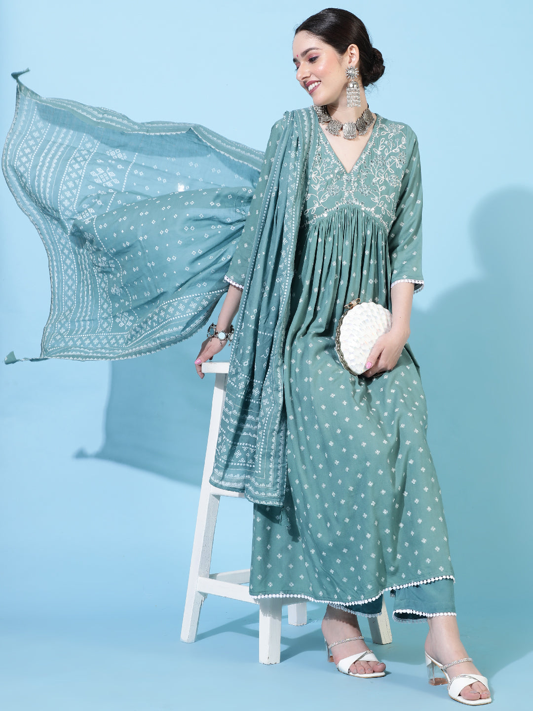 Rayon  Calf Length Printed Flared 3/4 Sleeve V-Neck Kurta Bottom Dupatta Set