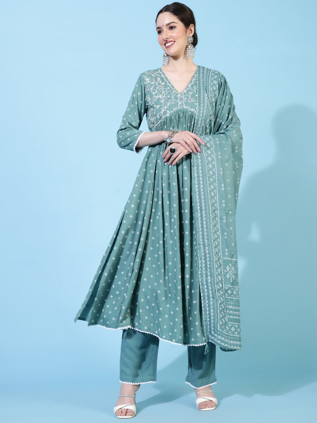 Rayon  Calf Length Printed Flared 3/4 Sleeve V-Neck Kurta Bottom Dupatta Set