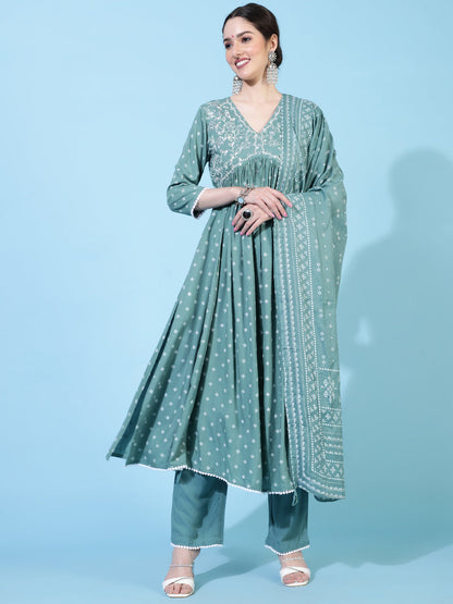Rayon  Calf Length Printed Flared 3/4 Sleeve V-Neck Kurta Bottom Dupatta Set