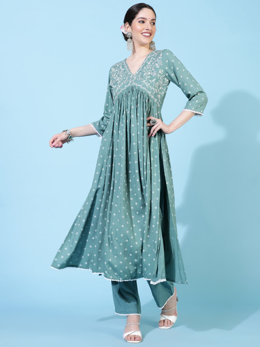 Rayon  Calf Length Printed Flared 3/4 Sleeve V-Neck Kurta Bottom Dupatta Set