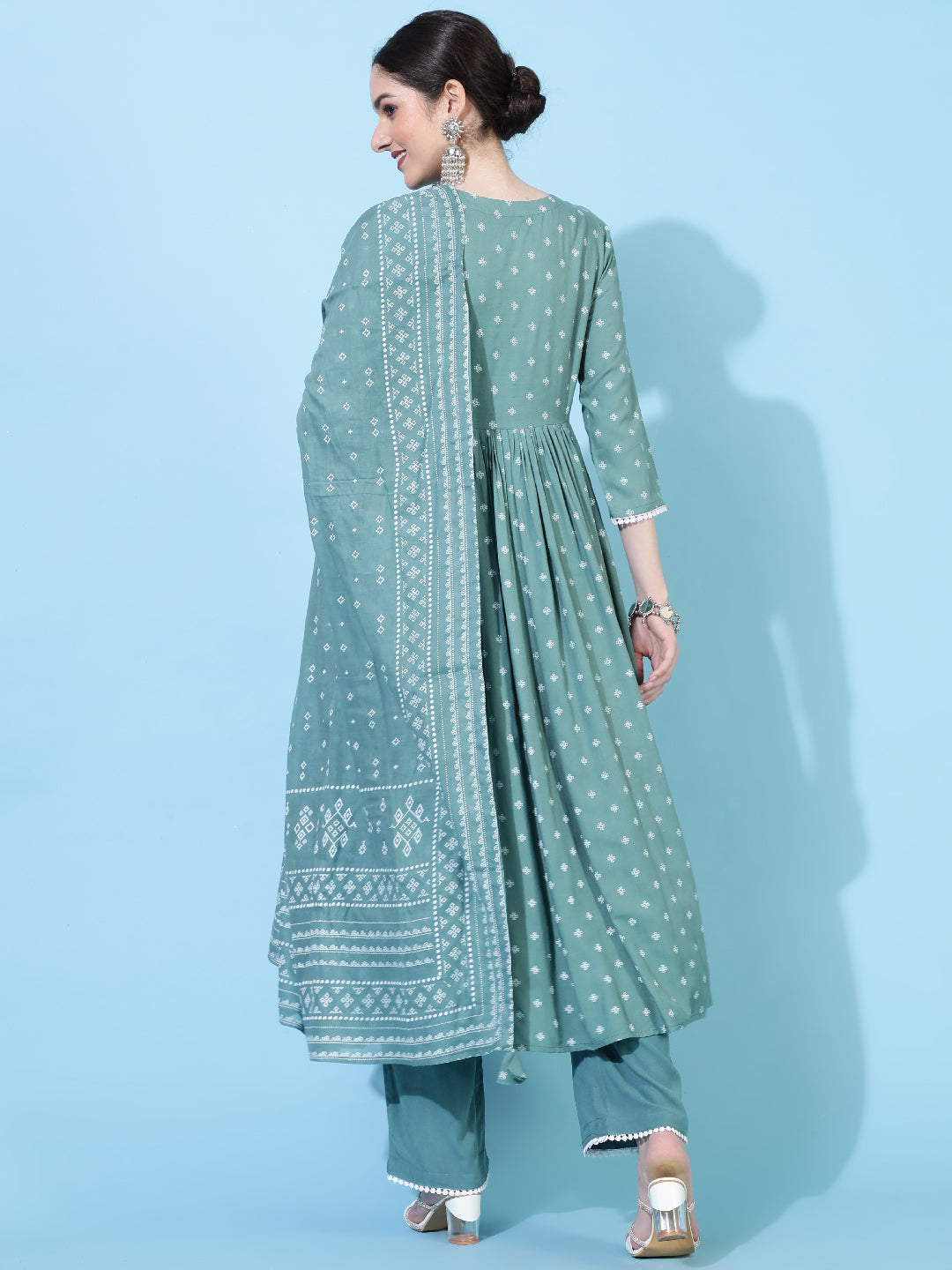 Rayon  Calf Length Printed Flared 3/4 Sleeve V-Neck Kurta Bottom Dupatta Set