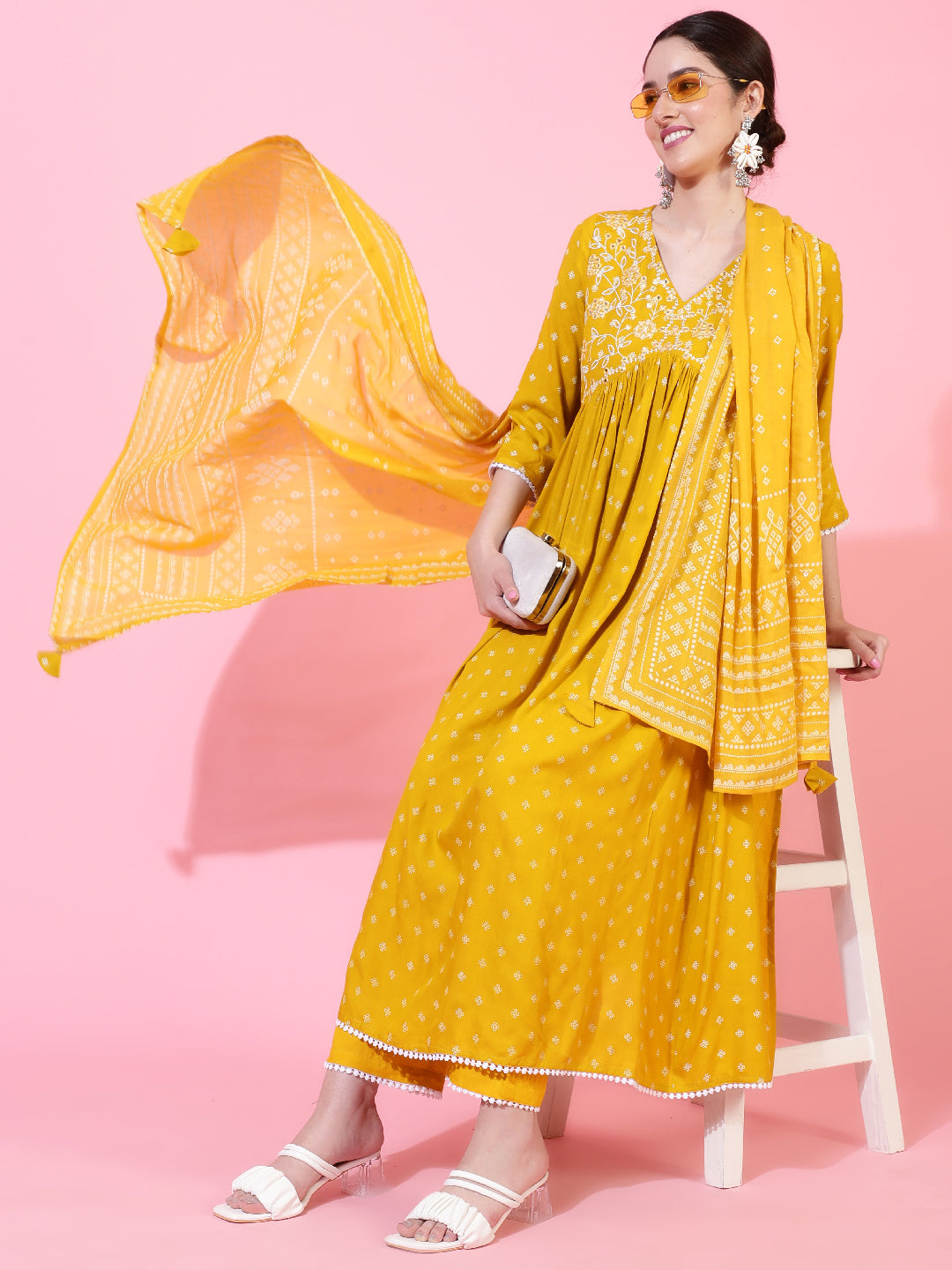 Rayon  Calf Length Printed Flared 3/4 Sleeve V-Neck Kurta Bottom Dupatta Set