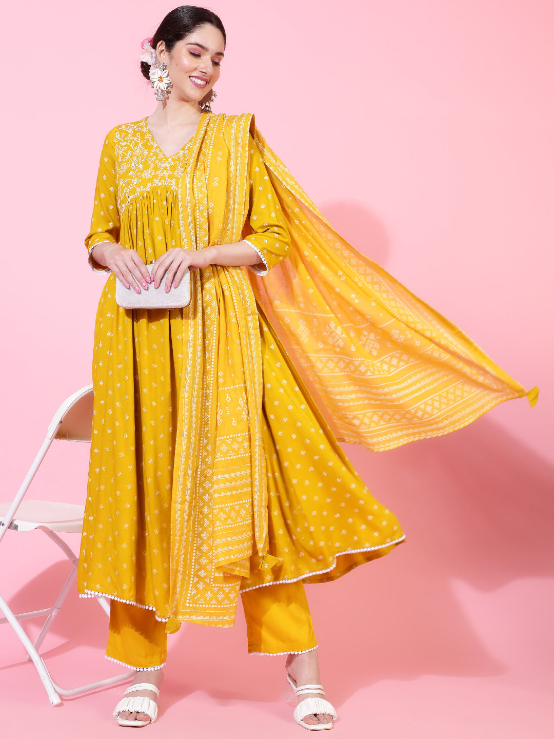 Rayon  Calf Length Printed Flared 3/4 Sleeve V-Neck Kurta Bottom Dupatta Set