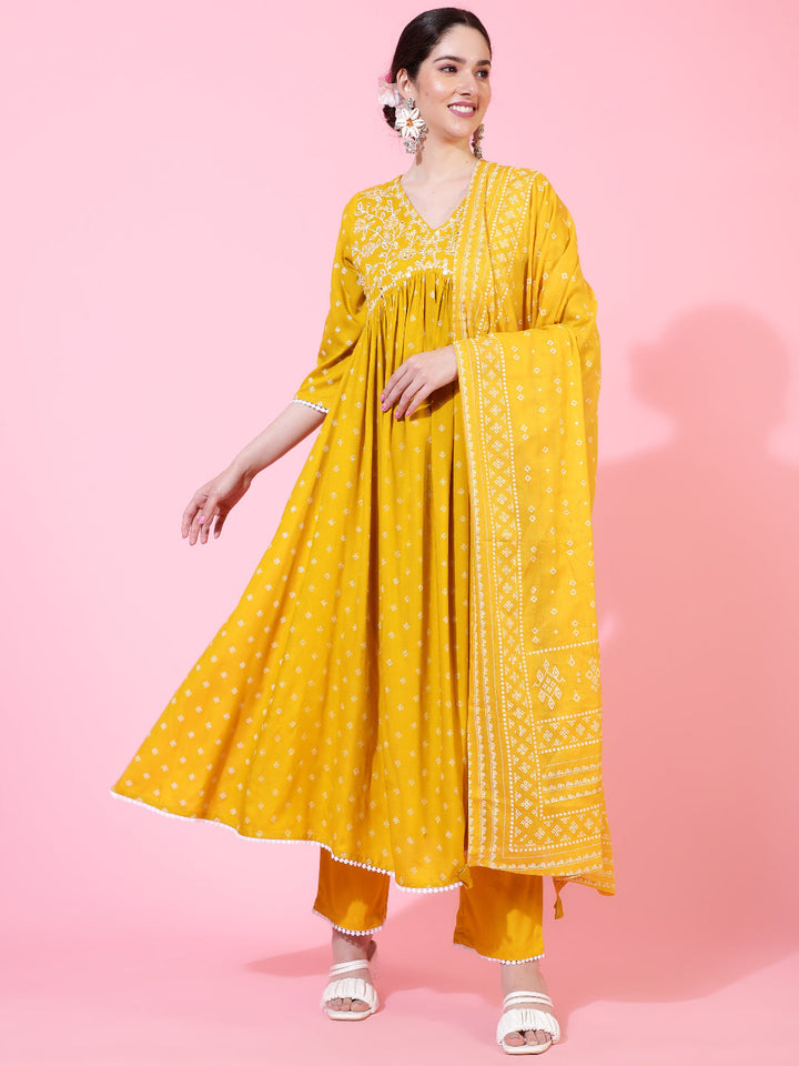 Rayon  Calf Length Printed Flared 3/4 Sleeve V-Neck Kurta Bottom Dupatta Set