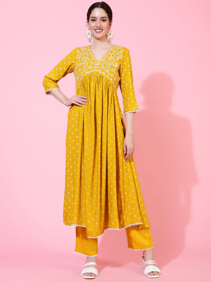 Rayon  Calf Length Printed Flared 3/4 Sleeve V-Neck Kurta Bottom Dupatta Set