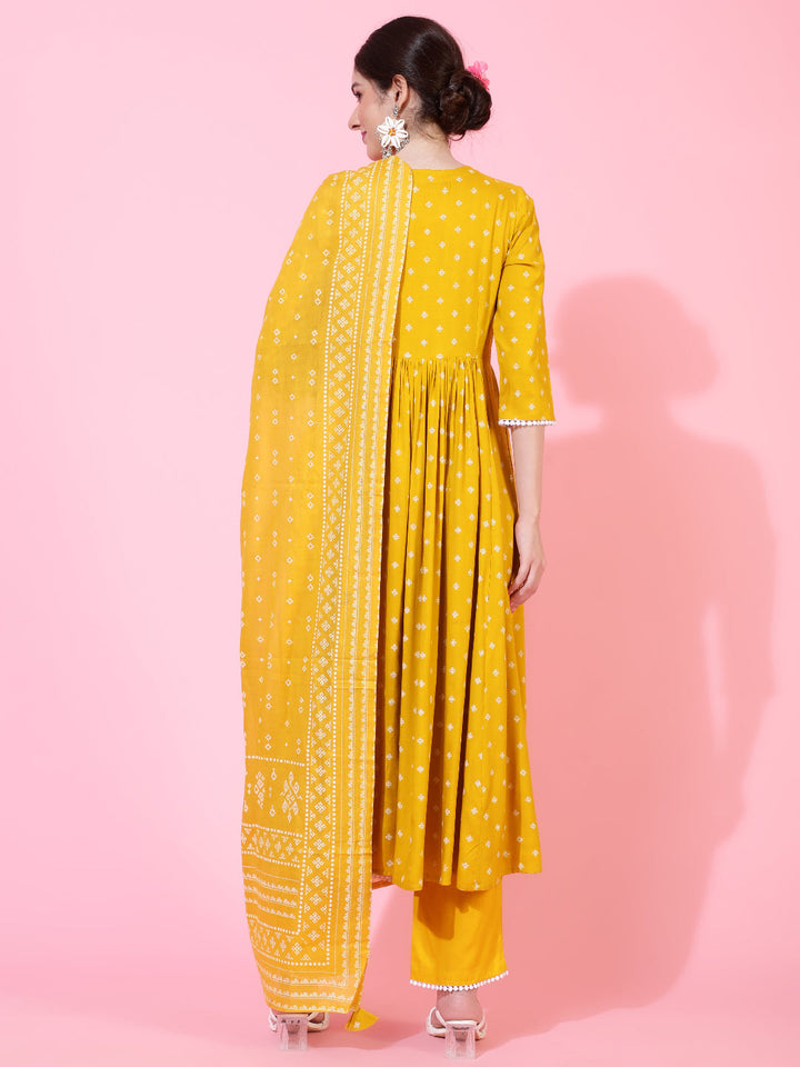 Rayon  Calf Length Printed Flared 3/4 Sleeve V-Neck Kurta Bottom Dupatta Set