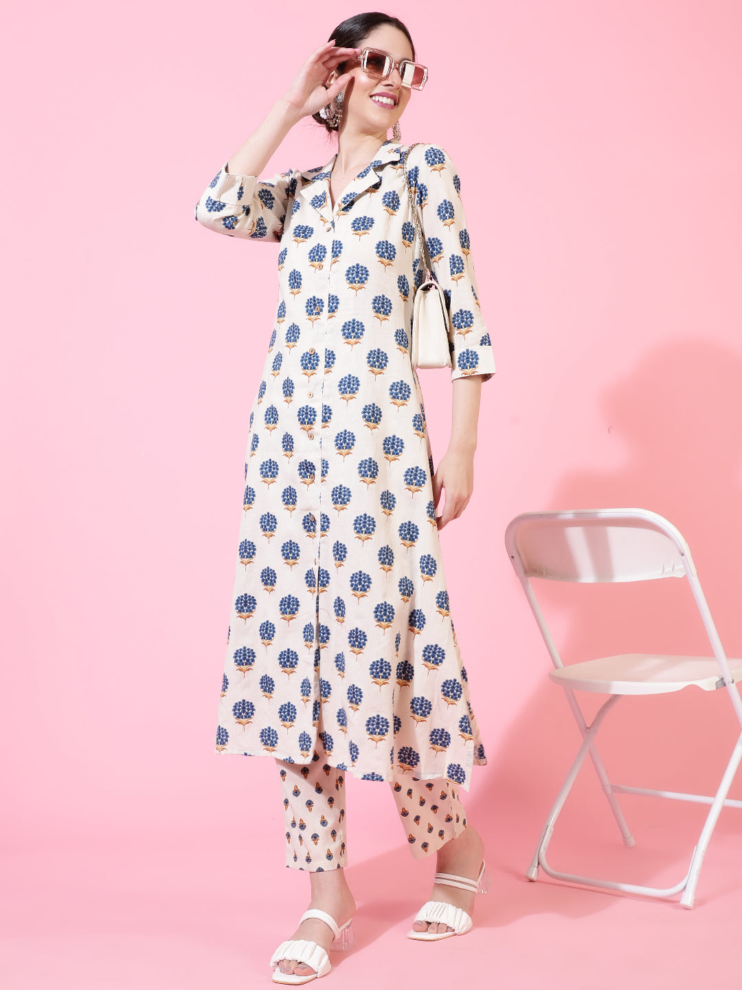 Cotton Flex  Calf Length Printed A-Line 3/4 Sleeve Collar Kurta Bottom Set