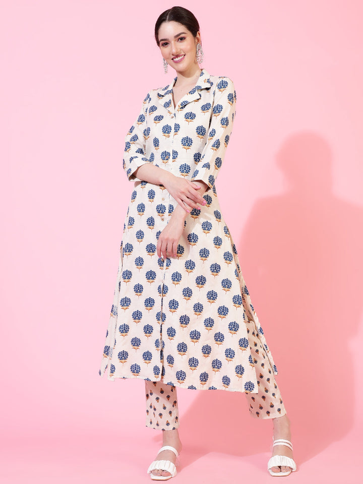 Cotton Flex  Calf Length Printed A-Line 3/4 Sleeve Collar Kurta Bottom Set
