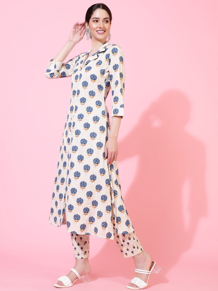 Cotton Flex  Calf Length Printed A-Line 3/4 Sleeve Collar Kurta Bottom Set