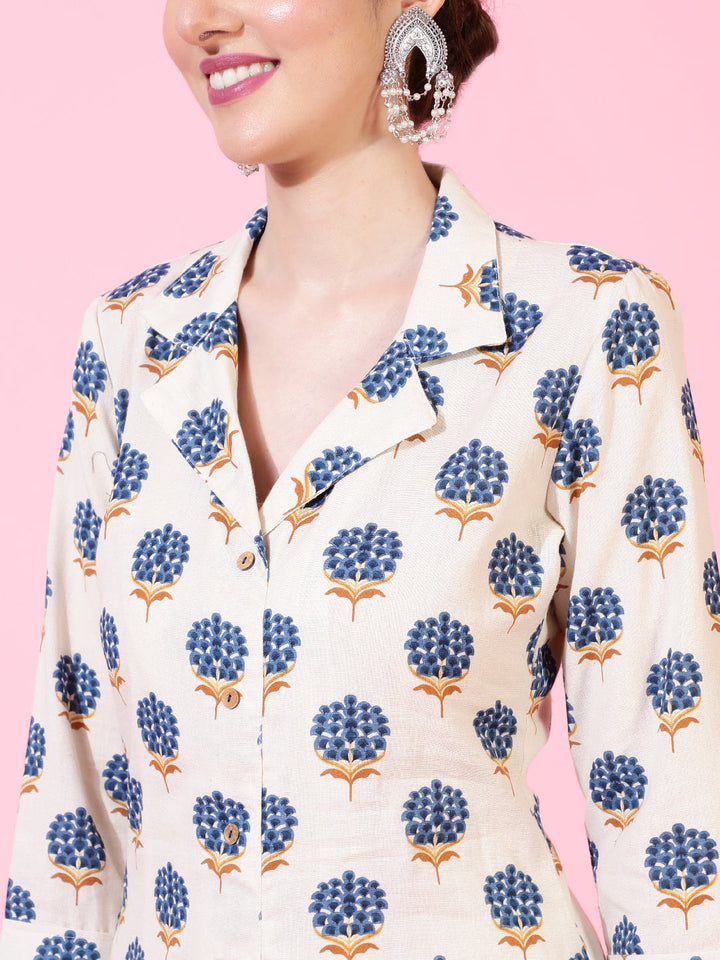 Cotton Flex  Calf Length Printed A-Line 3/4 Sleeve Collar Kurta Bottom Set