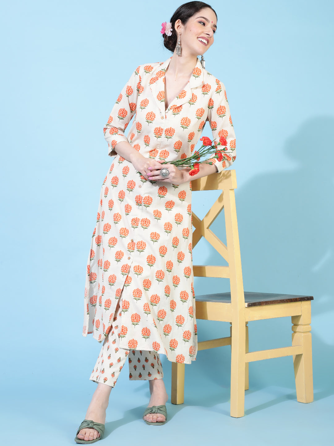 Cotton Flex  Calf Length Printed A-Line 3/4 Sleeve Collar Kurta Bottom Set