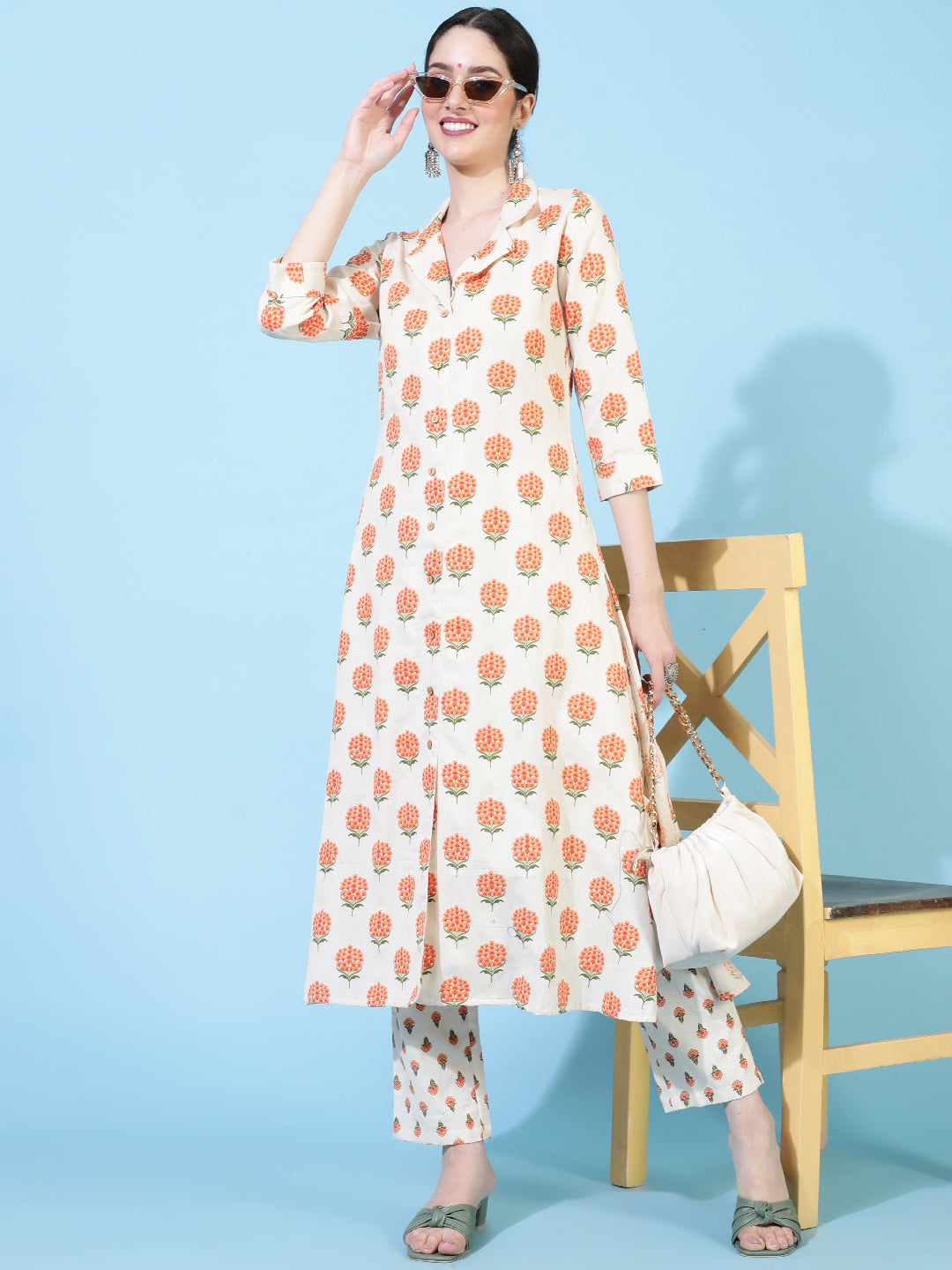 Cotton Flex  Calf Length Printed A-Line 3/4 Sleeve Collar Kurta Bottom Set