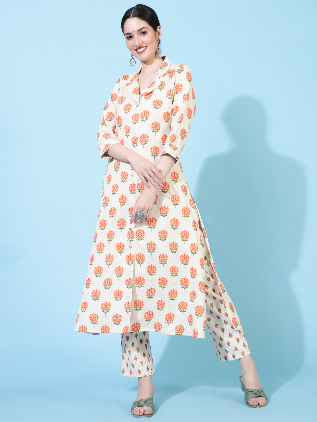 Cotton Flex  Calf Length Printed A-Line 3/4 Sleeve Collar Kurta Bottom Set