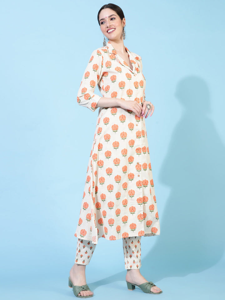 Cotton Flex  Calf Length Printed A-Line 3/4 Sleeve Collar Kurta Bottom Set