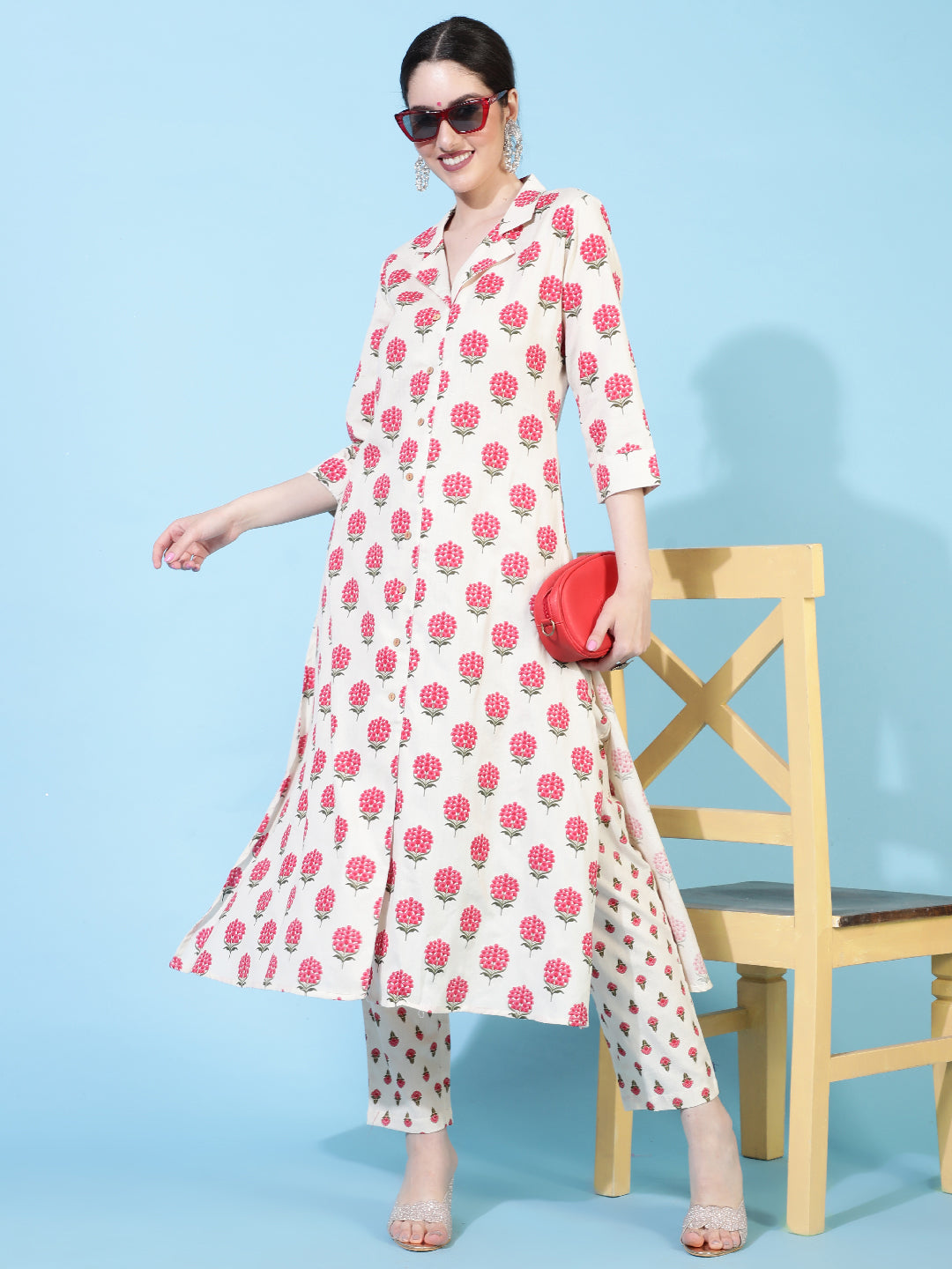 Cotton Flex  Calf Length Printed A-Line 3/4 Sleeve Collar Kurta Bottom Set